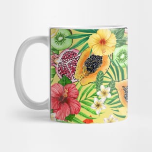 Tropical mix-fruit, flowers and leaves on yellow Mug